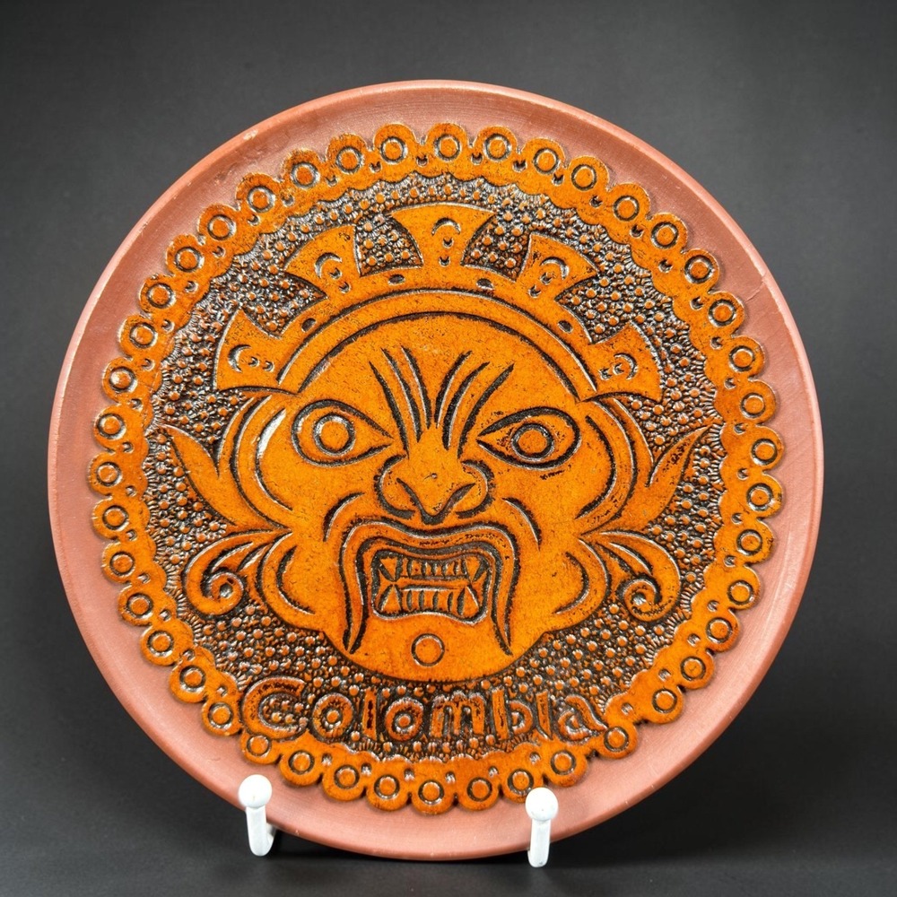 Vintage Colombia Hand Carved Wood Sun Mask Wall Plaque Folk Art 8 Inch Orange